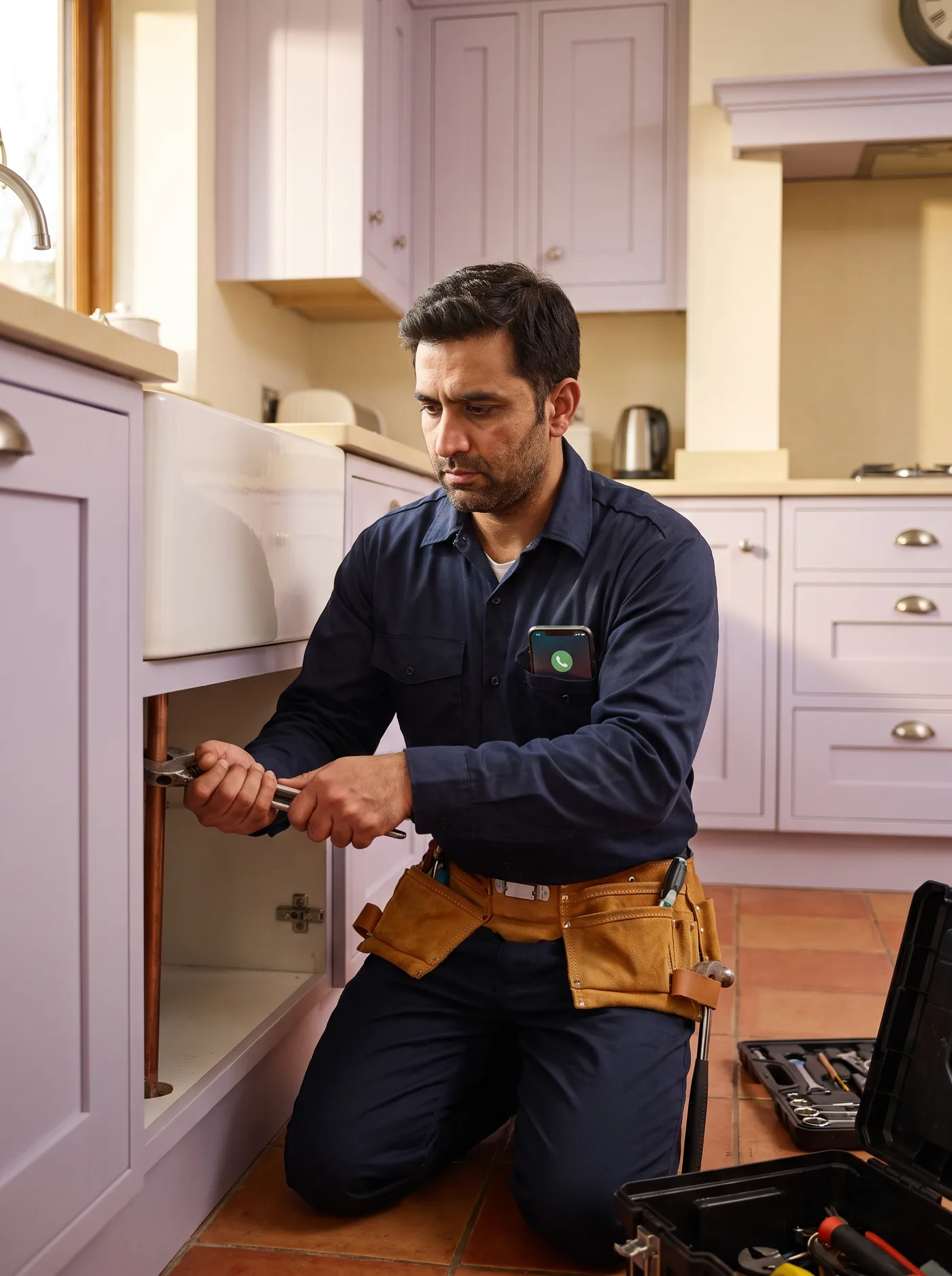 Photo of a tradesperson mid-job, phone in pocket